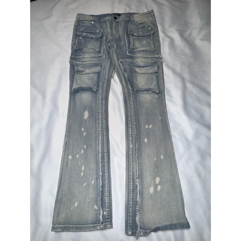 Nova Men Blue Denim Jeans , Retro ,38 , Hip Hop Streetwear Distressed Bleach